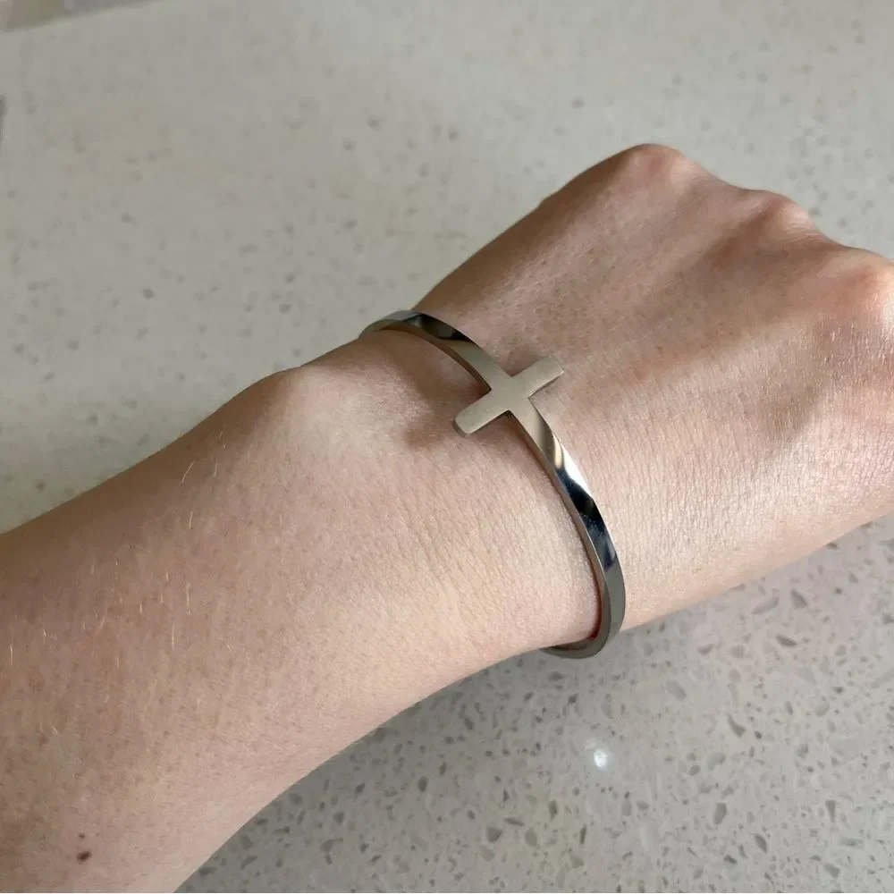 Silver Cross Cuff Bracelet - Women's Silver Tone Bracelet